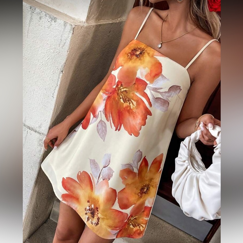 Floral Slip Dress with Orange and Cream Design